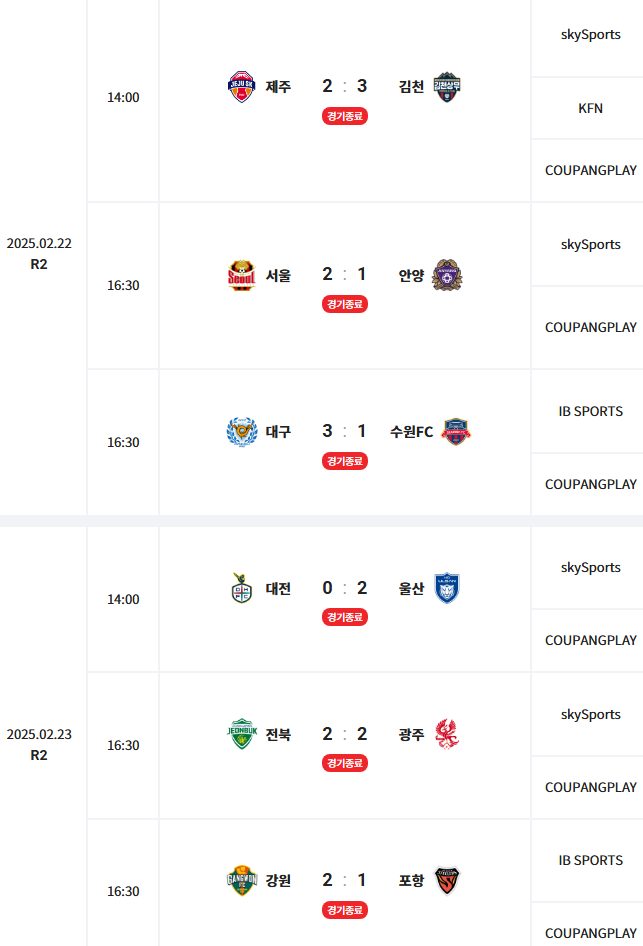 K리그1 2라운드 경기일정 및 결과