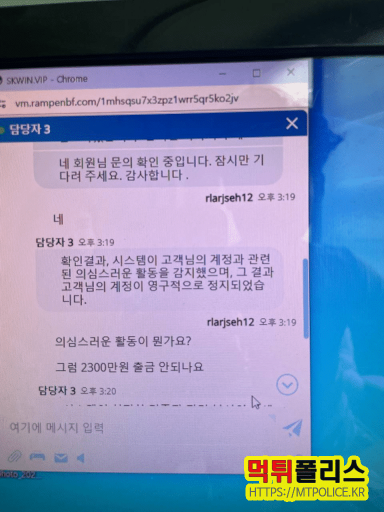 고객센터 대화 내용: skin 먹튀 증거자료