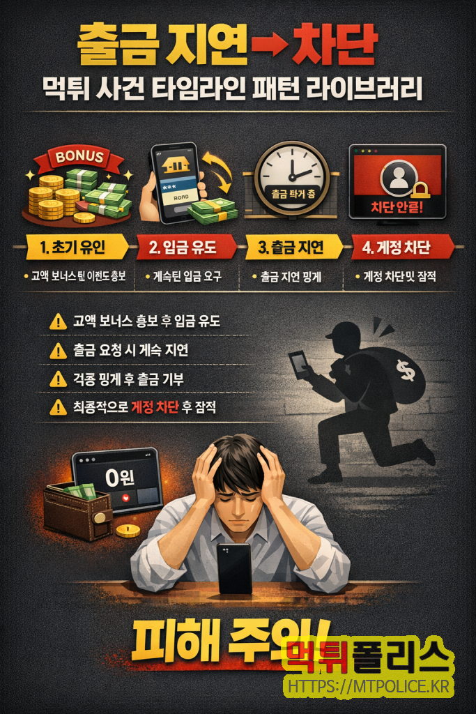 “출금 지연 → 차단” 먹튀 사건 타임라인 패턴 라이브러리 3 “출금 지연 → 차단” 먹튀 사건 타임라인 패턴 라이브러리