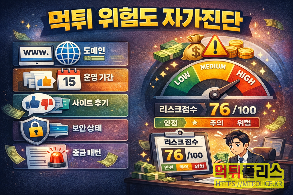 먹튀 위험도 자가진단: 도메인·운영기간·후기·보안·출금패턴으로 100점 만점 리스크 점수 매기는 법 2 먹튀위험도 레터링