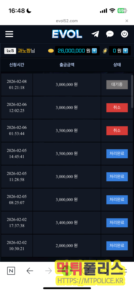 먹튀폴리스에서 작성한 먹튀사이트 EVOL에 대한 먹튀검증 보고서 3 먹튀사이트 EVOL에서 출금 내역