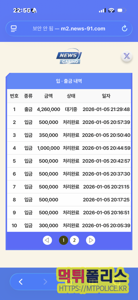뉴스카지노 먹튀 제보: “1인칭 블랙잭 양방” 판정 통보 뒤 426만원 환전 몰수 주장 3 입·출금 내역: 출금 4,260,000원 ‘대기중’ 표기