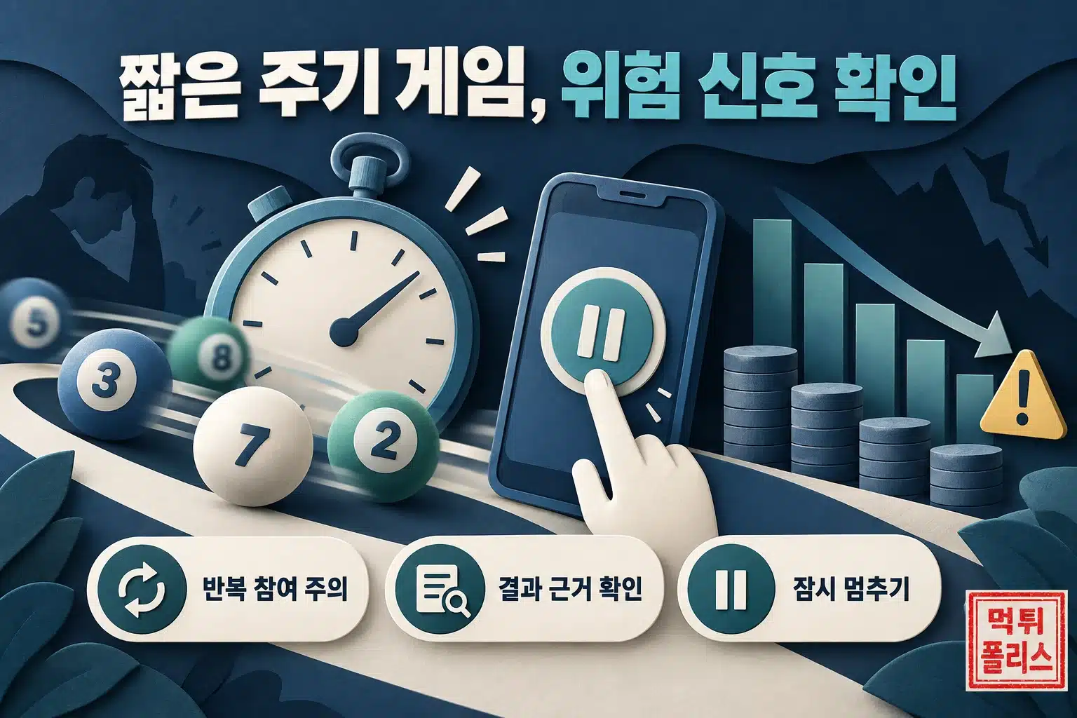 토토사이트 정보 · 먹튀검증 · 안전놀이터 · 메이저사이트 · 스포츠토토 커뮤니티 6 타이머와 일시정지 버튼으로 미니게임 반복 참여와 손실 누적 위험을 표현한 그림